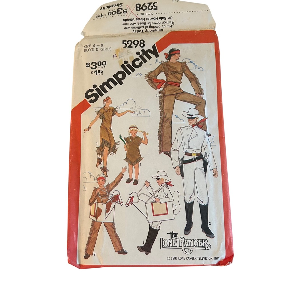 Simplicity 5298 Lone Ranger Tonto Costume Pattern Boys Girls 6-8 UNCUT 1981